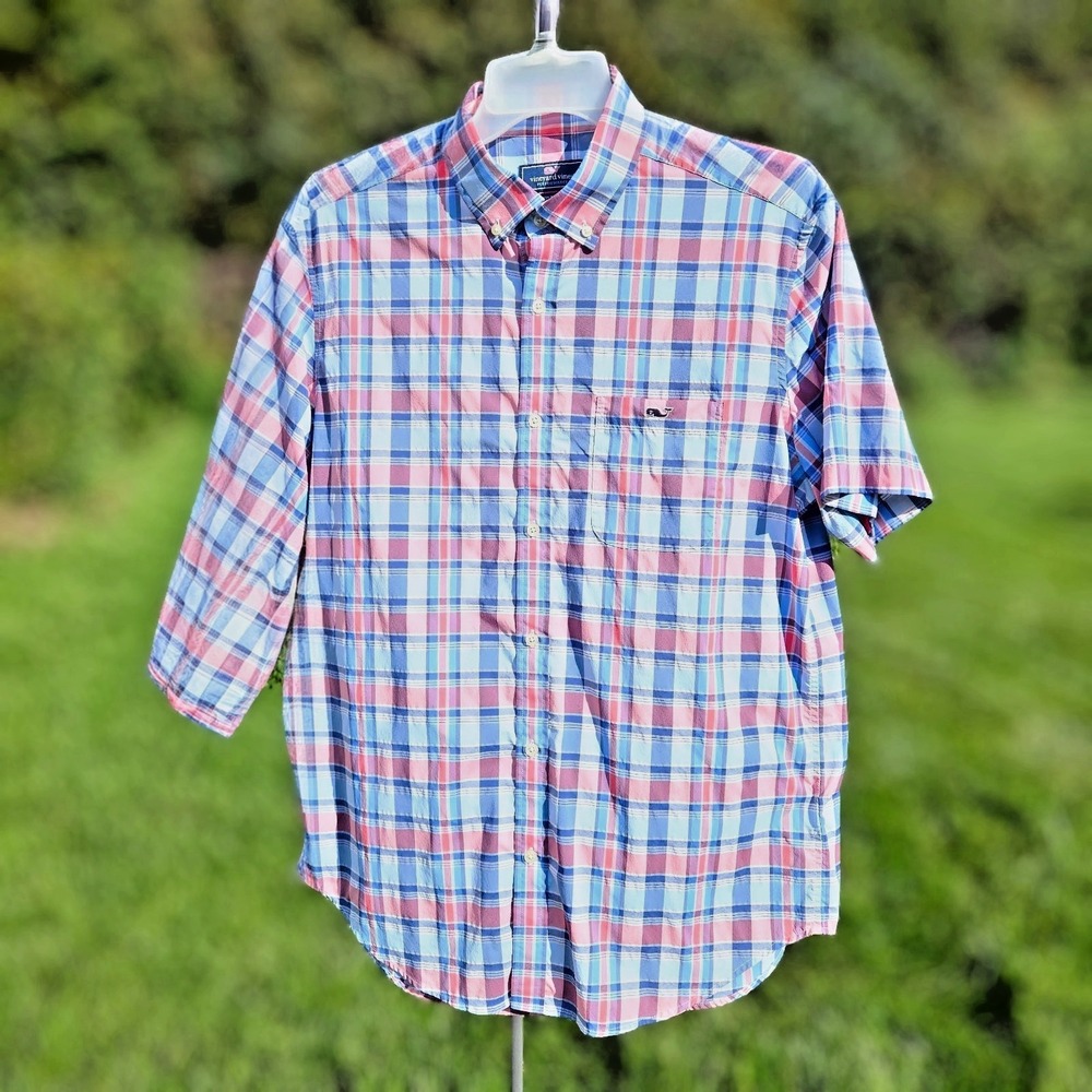 Vineyard Vines Men Performance Tucker Shirt L Blue Pink Plaid Whale Logo Classic